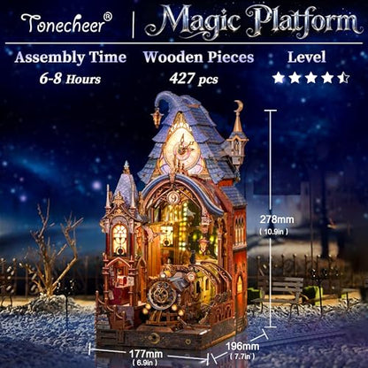 Tonecheer Book Nook Kit - Magic Platform, 3D Wooden Puzzle for Adults, Magical DIY Miniature Building Kit with LED Lights, Endless Mirror Effect Decorative Bookend Craft for Home Shelf Decor Gift