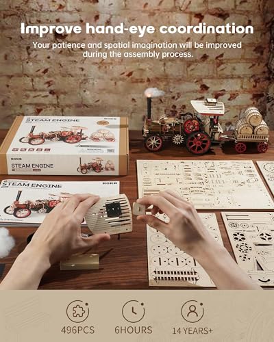 ROKR 3D Puzzle for Adults 469pcs Electric Vintage Car Steam Engine Model Kits, Mechanical Wooden Assembly Puzzles Vehicle DIY Hobbies Christmas Gifts for Men Women