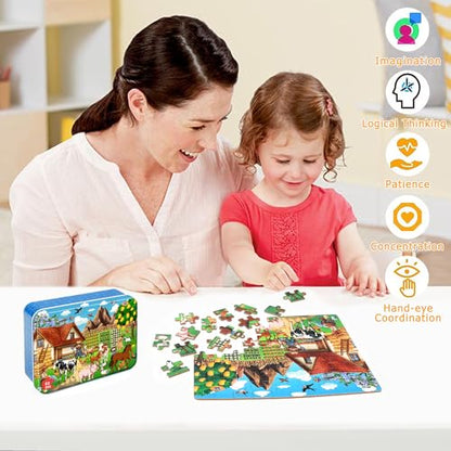 LELEMON Puzzles for Kids Ages 4-6,60 Piece Puzzles for Kids in a Metal Box - color: Farm 1)
