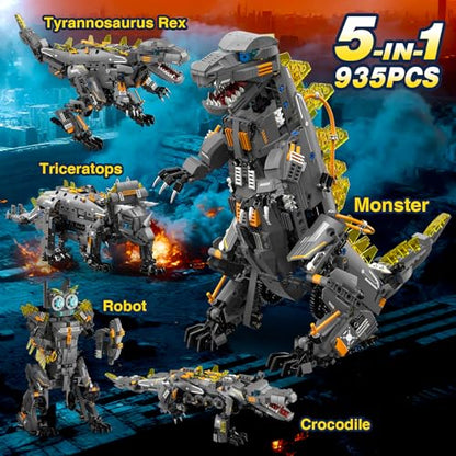 Dinasour Toys for Kids Building Set, 935 PCS App & Remote Control Robotics Kit, 5-in-1 Tyrannosaurus/Triceratop/Crocodile/Robot/Monster STEM Toys for Boys Girls Age 6 7 8 9 10 11 12+ Year Old - color: Grey