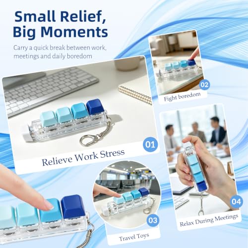 Keyboard Fidget Toy, 5-in-1 Decompression Button Clicker Keychain with Glowing LED, Portable Tactile Sensory Toy, Christmas Stocking Stuffers Gift for Adults Teens, Stress Relief ASMR (Blue) - color: Blue