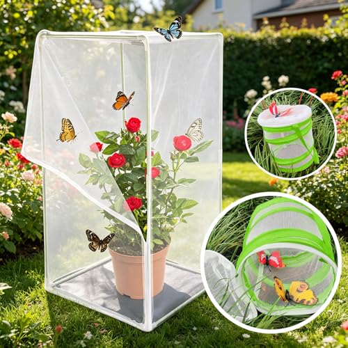 2Pcs Butterfly Habitat kit, Monarch Butterfly Mesh Cage, Butterflies Enclosure for Outdoors, Insect Growing Garden Habitat 16.6x16.6x30.4 inch, Folds Flat (White Green)