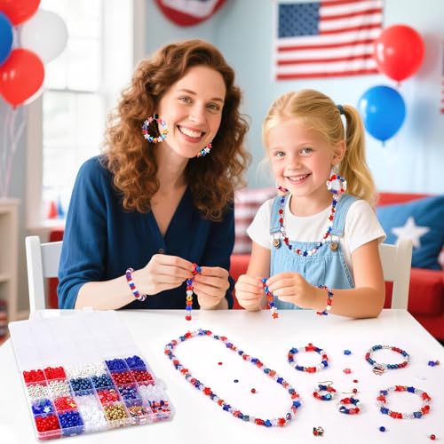 UPINS Patriotic Bracelet Making Kit Red White Blue Beads for 4th of July - color: Red White Blue