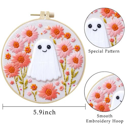 LB 4 Pack Halloween Embroidery Kit for Beginners, Halloween Ghost Christmas Santa Fall Gnome Pumpkin DIY Hand Embroidery Kit with Hoop, Threads, Holiday Craft Kit for Adults - color: Pink and White