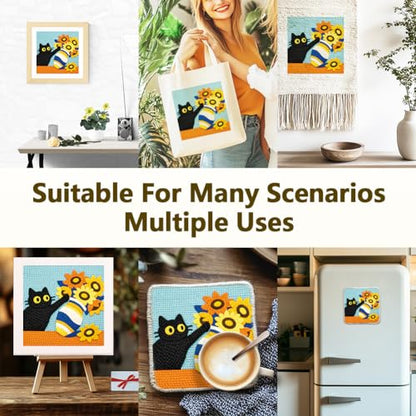 Doodlream Black Cat Sunflower Needle Kit for Beginner, 9.4"x 9.4" Cute Animal Flower Punch Stitching Craft Set, DIY Embroidery Starter with Printed Frame, Instruction, Threader, Yarn, Pinch Needle - color: Cat Sunflower