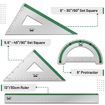 Mr. Pen- Metal Geometry Kit, 4 Pack, 45° & 30°/60° Set Squares - color: Green Stripes