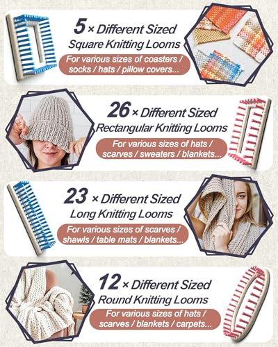 UCDRMA Upgraded Large Adjustable Loom Knitting Kit with Removable-pegs, Up to 132 Sizes & Shapes Weaving Knitting Loom for Blankets/Scarves/Hats, Beginners Infinity Crochet Loom Kit with Instructions