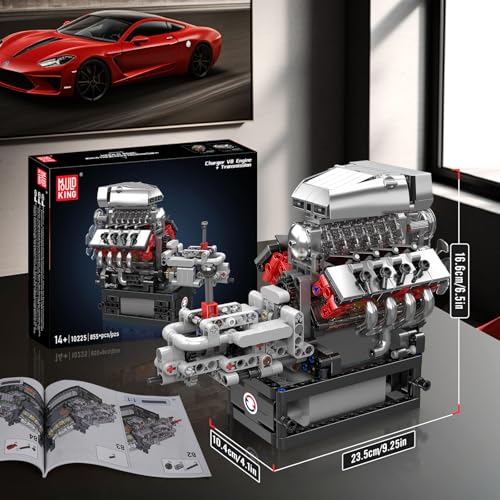 Mould King 10225 V8 Engine Model Kit that Works - Car Engine Building Blocks Kit with Battery, STEM Mechanic Engineering Construction Set, Collection Model Gift for Adults(855 PCS)