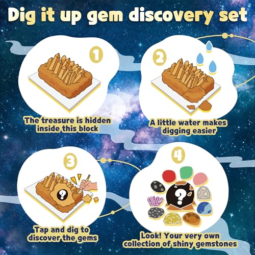 Gemstone Dig Kit for Kids with 2 Tools, 10 Real Gems Tektite