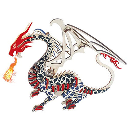 3D Wooden Puzzles Laser Engraving DIY Safe Assembly Constructor Kit Toy for Teens and Adults World Animal Mechanical 3-D Models for Self-Assembly (Flying Dragon)