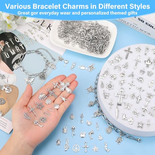 Flasoo 384 Pieces Silver Charm Bracelet Making Kit, Including Paperclip Chain Bracelets, Cross Charms, Jump Rings for DIY Bracelet Making