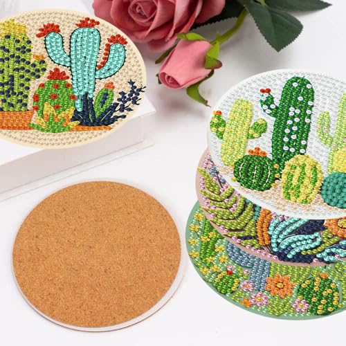 mrpwnle 8 Pcs Diamond Art Coasters Kits, Cactus Diamond Painting Coasters - color: Cactus