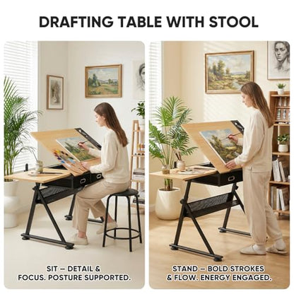 Magshion Drafting Table for Adults w/Stool, Natural - color: Natural & Black
