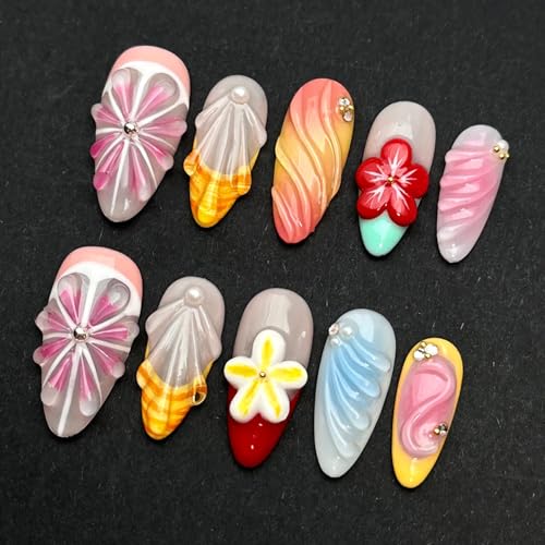 Luxury Press on Nails Medium Almond Handmade 3D Unique Reusable ABS Material Fake Nails Pink Grapefruit False Nails with Designs Shell Red Flower Art Petal Glossy Glue on Nails Thick Acrylic Nails(M) - color: N01, size: M