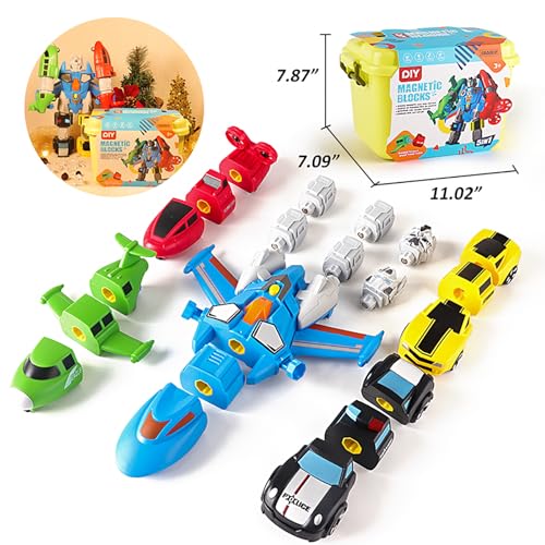 SOMMER 5-in-1 Magnetic Vehicles Toy Playset, Mix and Match STEM Stacking Assembling Car Kit with Storage Box, Transform into Robot, Birthday Gift for Toddler Kids 3 4 5 6 7 Year Old Boys Girls