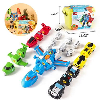SOMMER 5-in-1 Magnetic Vehicles Toy Playset, Mix and Match STEM Stacking Assembling Car Kit with Storage Box, Transform into Robot, Birthday Gift for Toddler Kids 3 4 5 6 7 Year Old Boys Girls