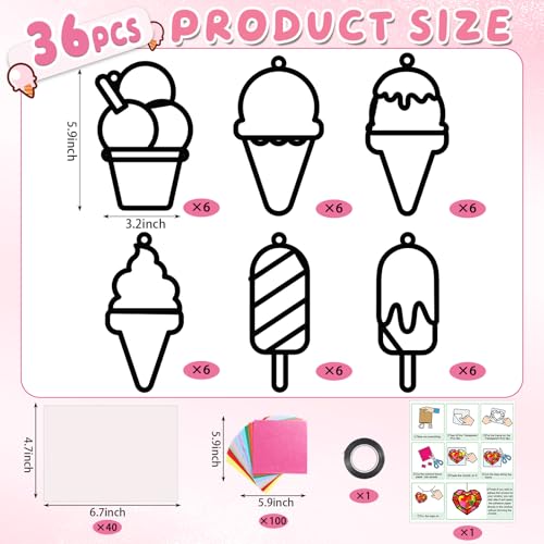 Qyeahkj 36 Set Ice Cream Suncatchers Crafts for DIY Dessert Window Tissue Paper Crafts Kit Summer Sweet Suncatcher Hanging Decor for Summer Home Activity Art Project Birthday Party Favor Gift - style: Ice Cream