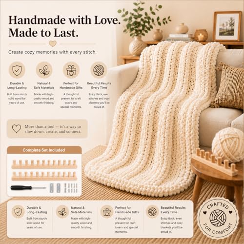 48'' Chunky Knitting Blanket Loom, Adjustable Wood Knit Loom with Detachable Modules, Portable Hand Weaving Loom Kit for Beginners, DIY Yarn Craft Tool for Home & Trave (48 inch) - size: 48 in – 4 Sections