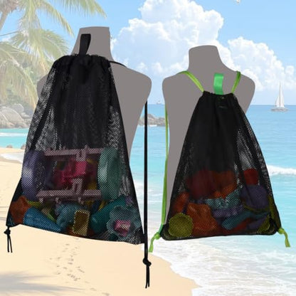 MUYIZI Beach Toy Bag 2 Pack, Mesh Drawstring Backpack for Kids and Adults - Quick Dry Sand Free Mesh Beach Bag, Portable Sand Toy Backpack, Sea Shell Bags, Shelling Collecting Tools, Bags Only (Black) - color: Black