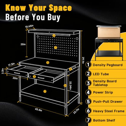 Pterying Garage Workbench with LED Light Bar, Pegboard, 2 Drawers