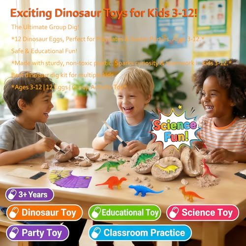 Dino Eggs Dig Kit, 12 Pack Dinosaur Eggs Excavation Science Experiments Kits for Kids 4-12, Dinosaur Toys for 3 4 5 6 7 8 9 10 Year Old Boys Girls - size: Normal