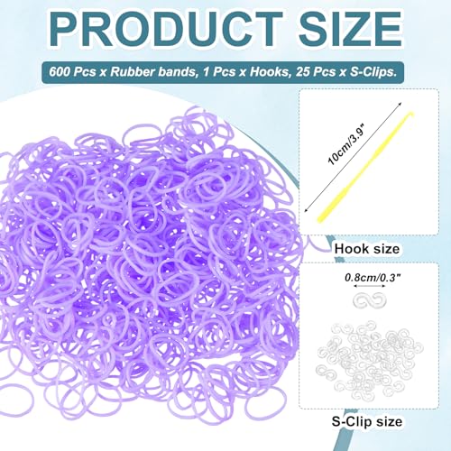 MECCANIXITY 600Pc Loom Rubber Bands Kit w/ 25Pc S-Clip 1-Hook,Light Purple - color: Light Purple