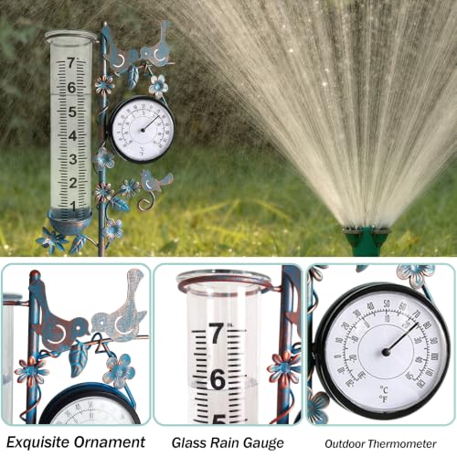 Rain Gauge Best Rated with Thermometer, Freeze Proof & Weatherproof - color: Bird & Flowe (Blue)