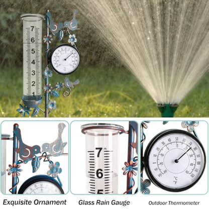 Rain Gauge Best Rated with Thermometer, Freeze Proof & Weatherproof - color: Bird & Flowe (Blue)