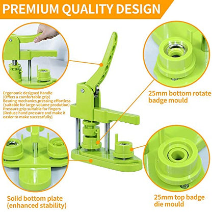 Button Maker Machine 25mm (1 in) DIY Gift, Installation-Free Pin Maker Machine, Pin Badge Button Press Machine with Free 500pcs Button Parts&100pcs Pictures&Circle Cutter(Green) - size: Round 25mm (1 inch)