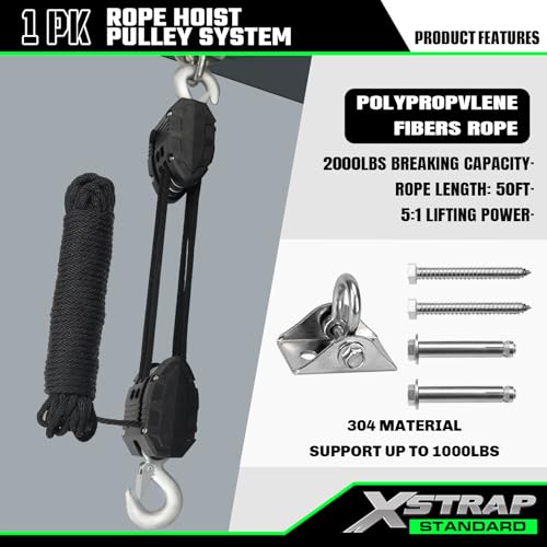 XSTRAP STANDARD 50 Feet Rope Hoist, Heavy-Duty 2000LB Break Wheel Block - color: 50 Ft+ Black+1 Swing Hanger
