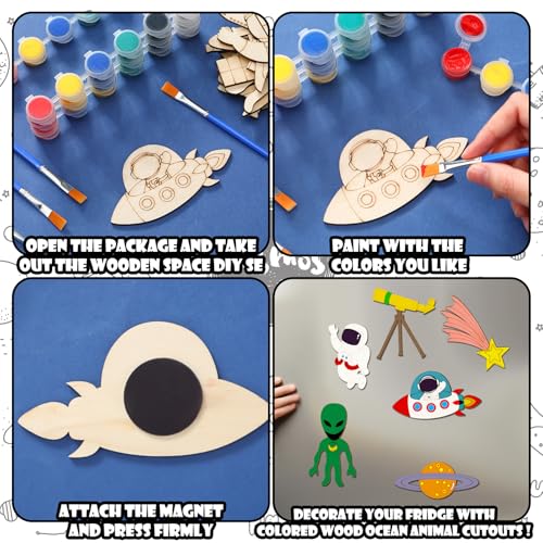 JellyArch 24 Pcs Unfinished Wood Cutouts Space Paint Kit Set and DIY Crafts for Classroom School Birthday Gifts Paint Your Own Painting Bulk Kits and Crafts - style: Space