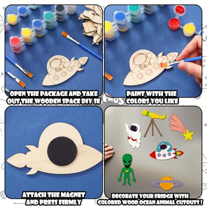 JellyArch 24 Pcs Unfinished Wood Cutouts Space Paint Kit Set and DIY Crafts for Classroom School Birthday Gifts Paint Your Own Painting Bulk Kits and Crafts - style: Space