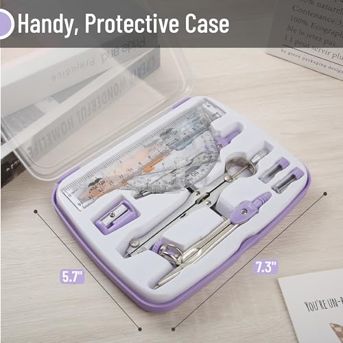 Mr. Pen- Geometry Set, 13 pcs, 3 Metal Compasses, Protractor, 6" Ruler | 45° & 30°/60° Set Squares, Pencils, Lead Refills, Sharpener & Eraser for Math, Drafting & Classroom Use - color: Purple