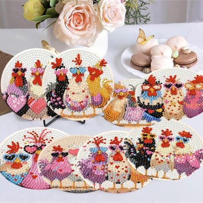 Zythron 8 Pack Diamond Art Coasters,Chicken Diamond Painting Coasters Kits - color: Three Chickens Coasters