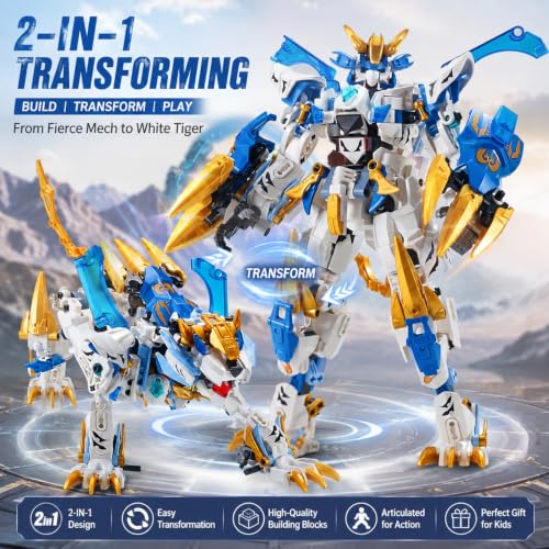 TIALLOW White Tiger Mech Building Block Set, 2 in 1 Transforming Robot Toy - style: White Tiger