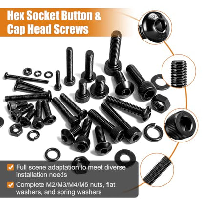 mankk 2285PCS Metric Screws Assortment Kit M2 M3 M4 M5 Hex Socket Head & Button Head Bolts Kit 12.9 & 10.9 Grade Black Alloy Steel 25 Sizes Machine Screw for 3D Printer DIY - size: M2/M3/M4/M5, style: Button&Hex Socket Cap