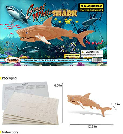 Puzzled 3D Puzzle Great White Shark Wood Craft Construction Kit, 23pcs Pack