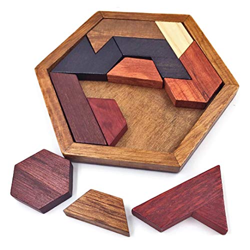 KINGOU Wooden Hexagon Tangram Brain Teaser Puzzle