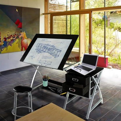 Yaheetech Drafting Table with Storage & Stool, Adjustable Art Drawing Desk