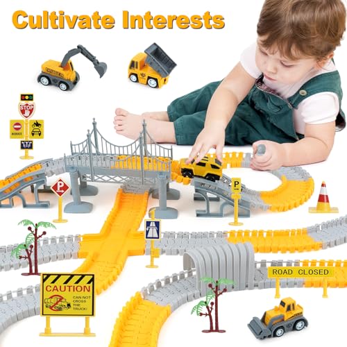 BEMITON Construction Race Track Toys for Kids - Birthday Gift for 3 4 5 6 7 Year Old Boys, 330+ PCS Track Playset with Electric Cars and Construction Trucks, DIY Engineering Road Building Sets - color: Yellow Construction Race Track