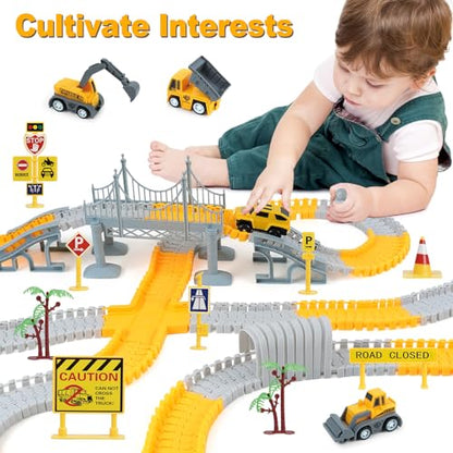 BEMITON Construction Race Track Toys for Kids - Birthday Gift for 3 4 5 6 7 Year Old Boys, 330+ PCS Track Playset with Electric Cars and Construction Trucks, DIY Engineering Road Building Sets - color: Yellow Construction Race Track