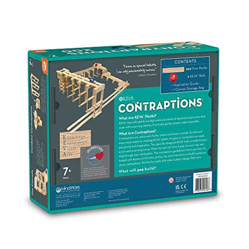 MindWare KEVA Contraptions, Wooden Blocks Building Set, Marble Run Kit, Includes 2 Balls - 200 Planks
