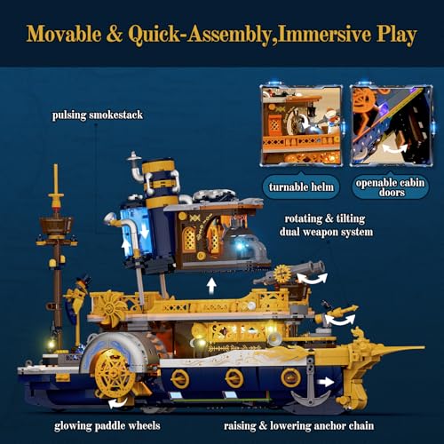 Lumibricks Steampunk Steamship Lighting Building Bricks Set - Steamboat Model Pirate Ship Destroyer Playset Collection Display kit with Minifigures 1792 Pcs for Adults & Teens & Steampunk Lovers