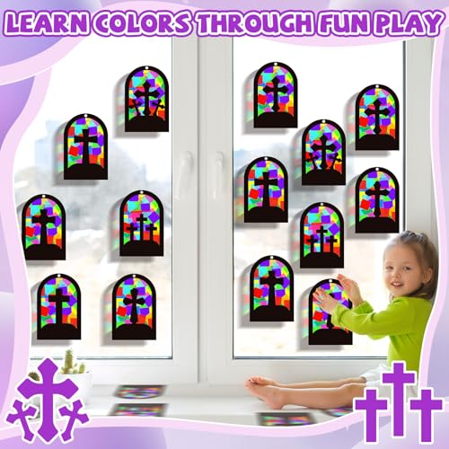 QOUBAI 32 Sets Cross Suncatchers Craft Kit DIY Religious Window Stained Glass Effect Christian VBS Paper Hanging Ornament Kid Easter Sunday School Birthday Gift Creative Art Project Activity Game - style: Window Cross