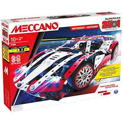 MECCANO, 25-in-1 Motorized Supercar STEM Model Building Kit with 347 Parts, Real Tools and Working Lights, Kids Toys for Ages 10 and Up