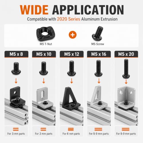 252PCS M5 T Nuts and T-Slot Bolts Extrusion Accessories Kitwith M5(8-20mm) Hexagon Socket Screws, T Nut and AllenWrench Compatible with 2020 Series Aluminum Extrusion