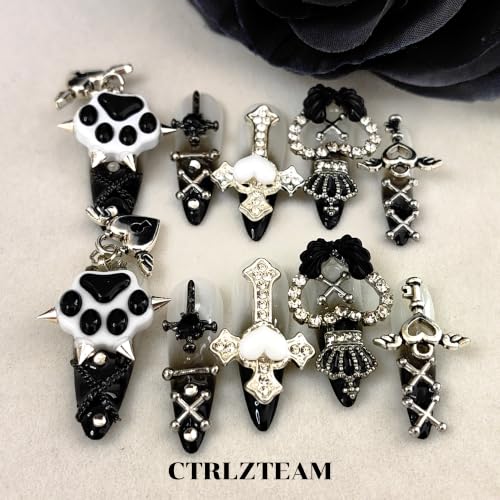 CTRLZTEAM Gothic Stiletto Press on Nails Black Gradient Punk Coquette Nails - color: Black Metallic White, size: S