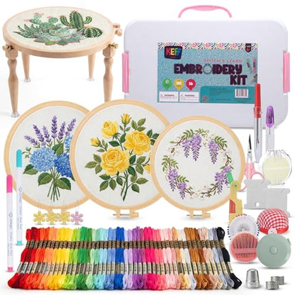 KEFF Craft Embroidery Kit for Beginners - 100 Embroidery Thread Colors, 4 Hoops, Scissors, Needles, Pins, Blank Fabrics & Tools – Cross Stitch Supplies, Cross Stitch Kits, Arts and Crafts for Adults