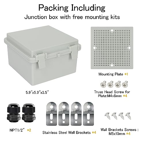 Junction Box IP65 Waterproof Electrical Box Outdoor ABS Plastic Project Box Hinged Shell Universal Enclosure Box with Mounting Plate, Wall Brackets, Cable Glands 5.2" x 5.2" x 3.3" - color: Grey, size: 5.2" x 5.2" x 3.3"