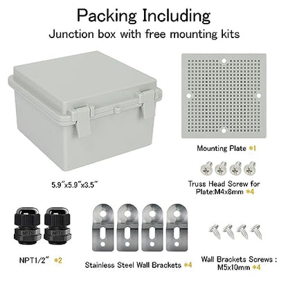 Junction Box IP65 Waterproof Electrical Box Outdoor ABS Plastic Project Box Hinged Shell Universal Enclosure Box with Mounting Plate, Wall Brackets, Cable Glands 5.2" x 5.2" x 3.3" - color: Grey, size: 5.2" x 5.2" x 3.3"